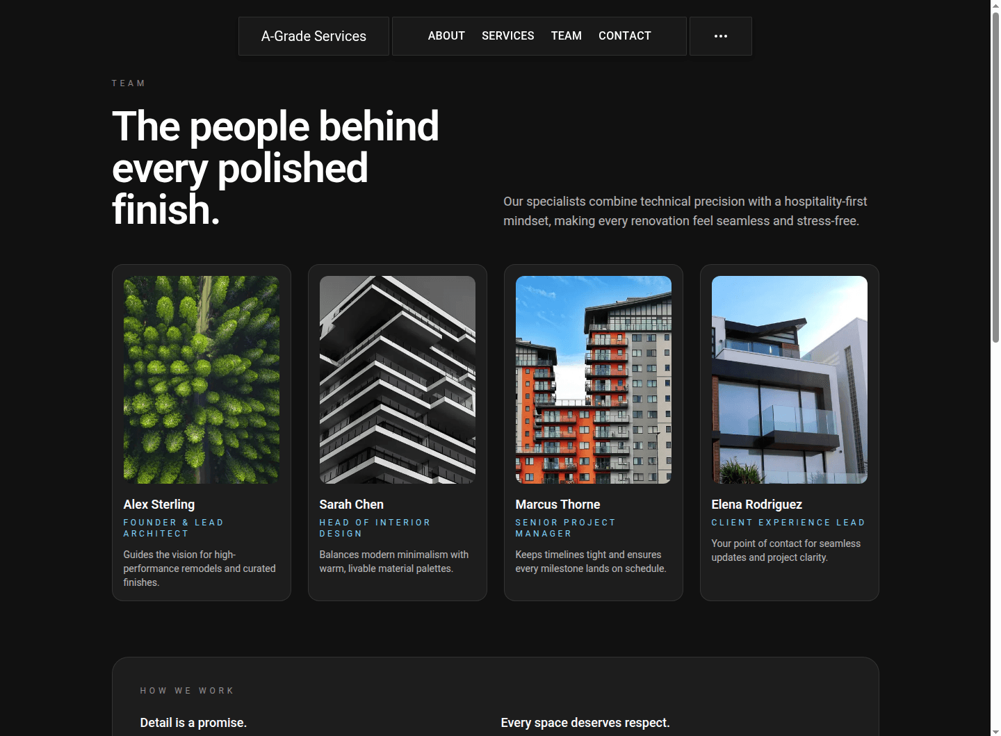 Previous placeholder Team page with four stock profiles