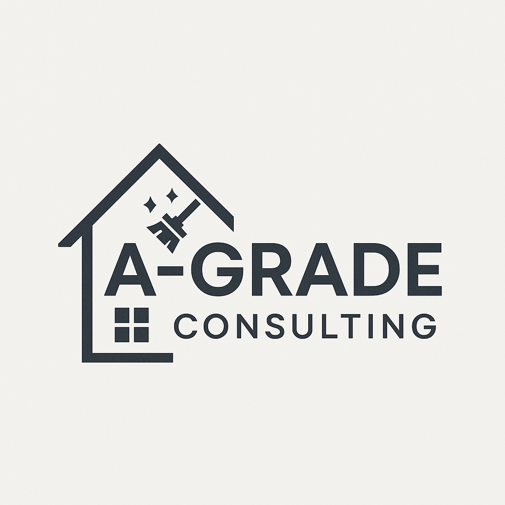 Logo concept 1: house outline with sparkle and broom mark
